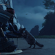 At night, a cat playfully bites the arm of a man in samurai armor.
